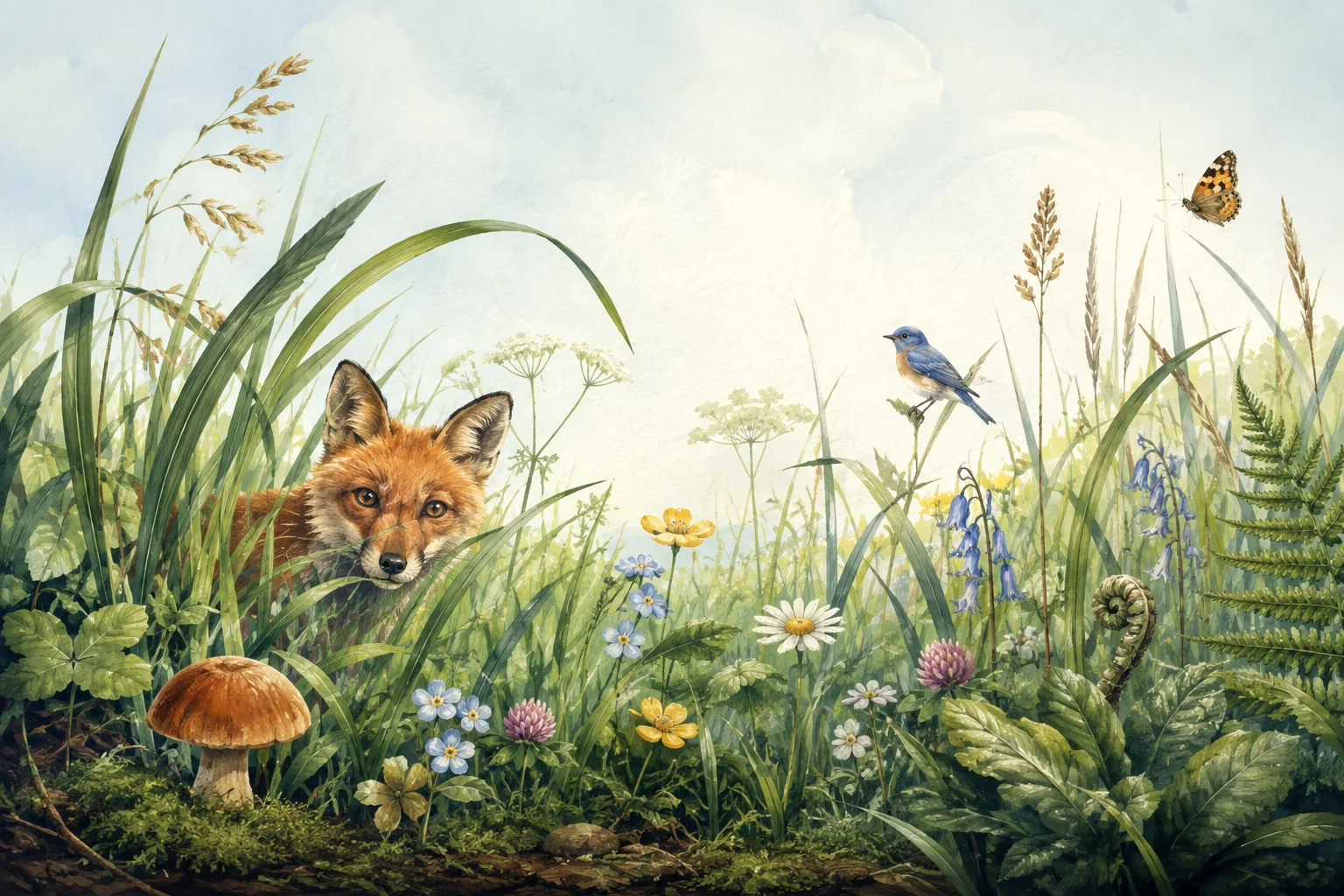 Illustration of a fox, bluebird, butterfly, mushroom, fern, and flowers in a meadow